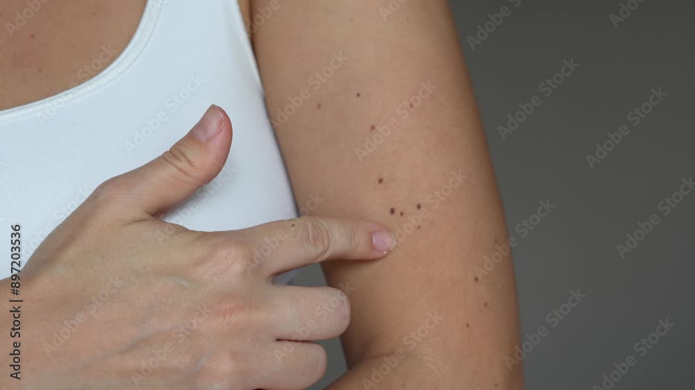Cropped shot of a young woman demonstrating a large number of moles on her arms on a grey color background. The effect of sunlight on the skin