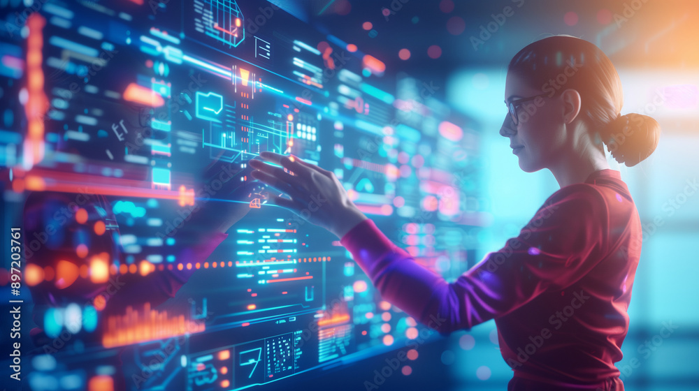 a tech-savvy woman manipulating virtual screens with her hands, surrounded by digital data and futuristic icons. The setting features a sleek, modern virtual environment with vibra a tech-savvy woman manipulating virtual screens with her hands, surrounded by digital data and futuristic icons. The setting features a sleek, modern virtual environment with vibra