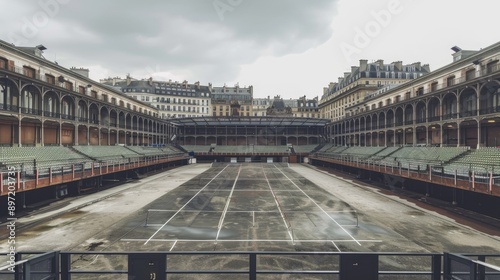 Empty fencing arena decorated for the Paris Olympics, with historic Parisian buildings nearby.