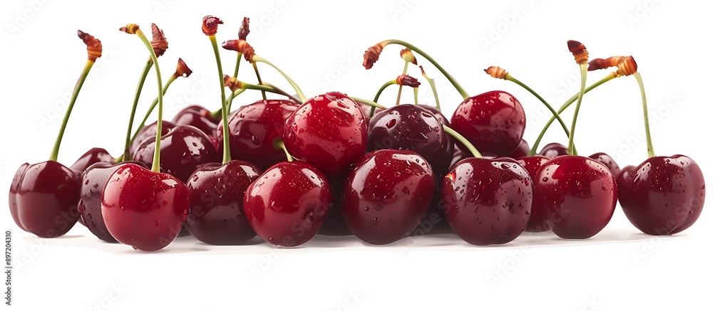 A close-up of a heap of red cherries from the side, set against a transparent background. The cherries' rich red color and natural shine are captured in stunning detail. A close-up of a heap of red cherries from the side, set against a transparent background. The cherries' rich red color and natural shine are captured in stunning detail.