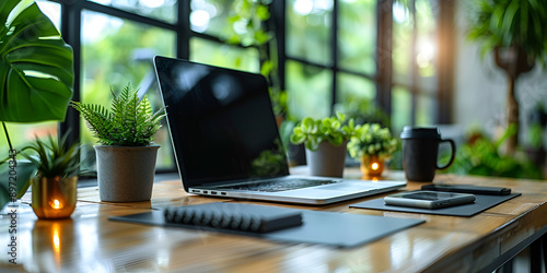  Green Office: Laptop and Plants on Wooden Desk in Modern Workspace, Eco-Friendly Workspace: Laptop and Greenery on Stylish Office Desk