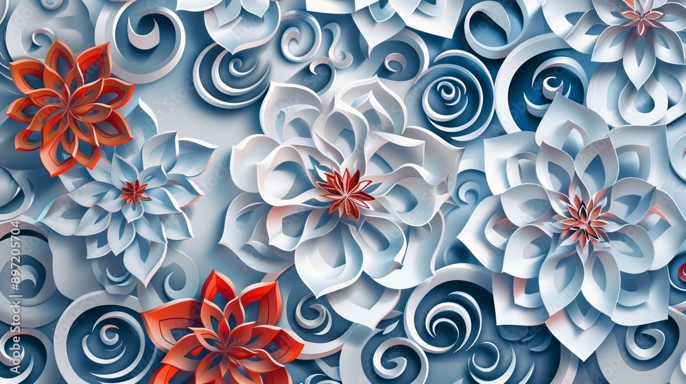 Fototapeta premium Elegant floral pattern featuring red and white paper flowers, forming a captivating backdrop