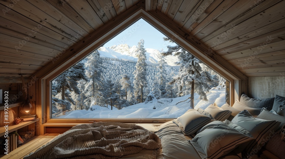 A cozy bedroom with a view of a snowy landscape A cozy bedroom with a view of a snowy landscape