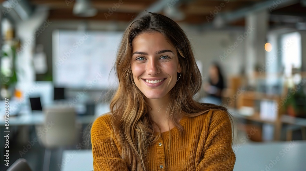 Confident Professional, Bright Future: A young woman with a warm smile exudes confidence in a modern office setting. Confident Professional, Bright Future: A young woman with a warm smile exudes confidence in a modern office setting.