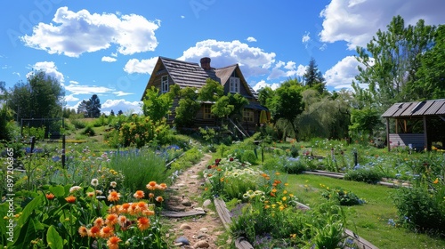 a homestead garden with lots of flowers on a sunny day with a beautiful backdrop 