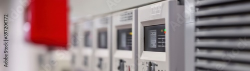 technology-focused illustration of an electrical control panel with switches, cables, and power equipment, showcasing industry connections and control mechanisms photo