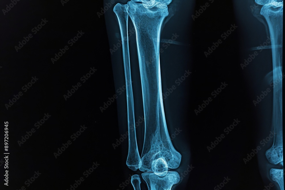 This x-ray image showcases a human leg with a clearly visible broken bone, providing an accurate medical depiction, Femur, tibia, fibula in a single X-ray shot, AI Generated This x-ray image showcases a human leg with a clearly visible broken bone, providing an accurate medical depiction, Femur, tibia, fibula in a single X-ray shot, AI Generated