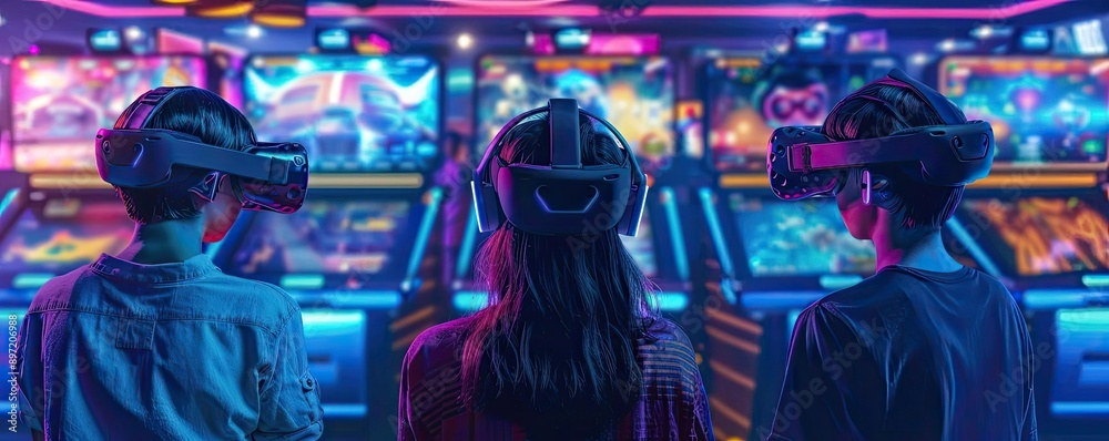 VR arcade with people trying different virtual reality games, illustrating public access to advanced gaming technology VR arcade with people trying different virtual reality games, illustrating public access to advanced gaming technology