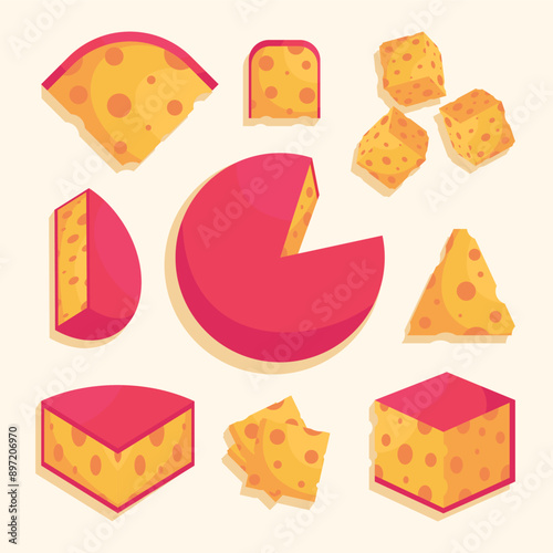 Set of cartoon yellow cheese isolated