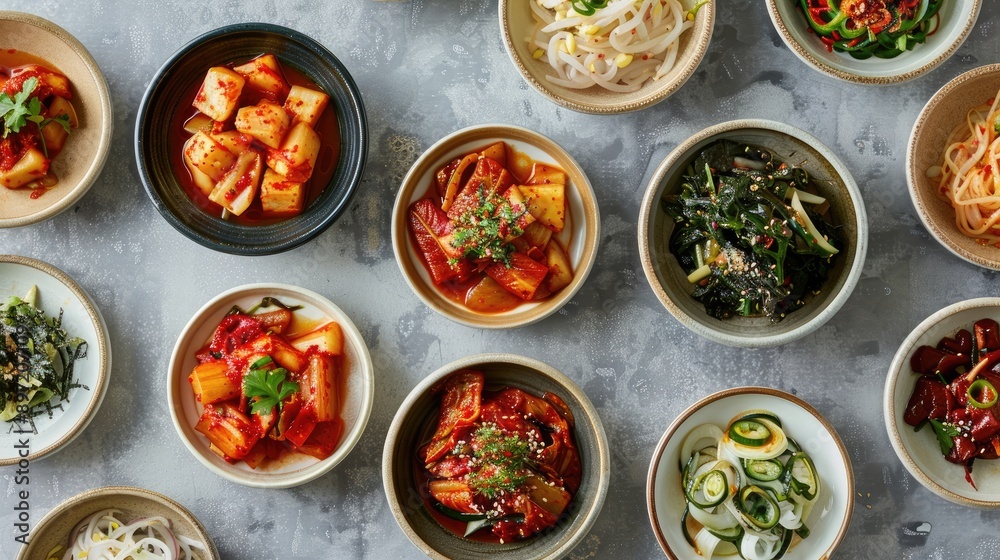 Korean kimchi and assorted side dishes served in traditional ceramic bowls. Korean kimchi and assorted side dishes served in traditional ceramic bowls.