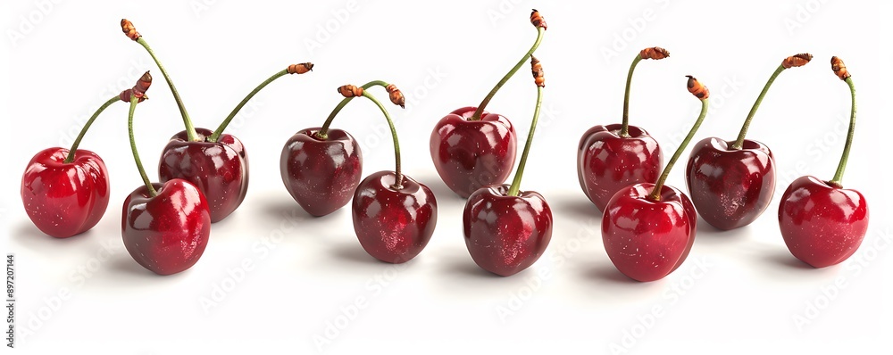A close-up of red cherries in various angles, including side and top views, arranged beautifully on a transparent background. The cherries' vibrant red color and natural shine are captured perfectly. A close-up of red cherries in various angles, including side and top views, arranged beautifully on a transparent background. The cherries' vibrant red color and natural shine are captured perfectly.
