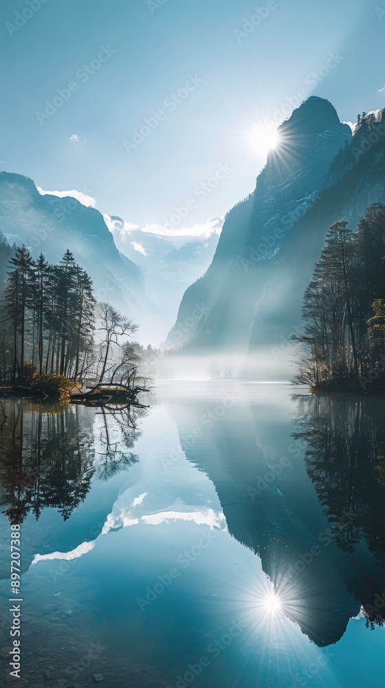 Naklejka premium Misty morning on a serene lake surrounded by mountains
