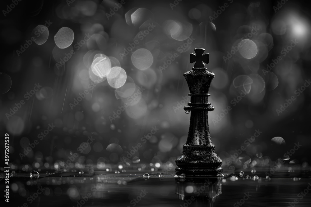 Black chess king piece stands alone on reflective surface with rain droplets and bokeh. Black chess king piece stands alone on reflective surface with rain droplets and bokeh.