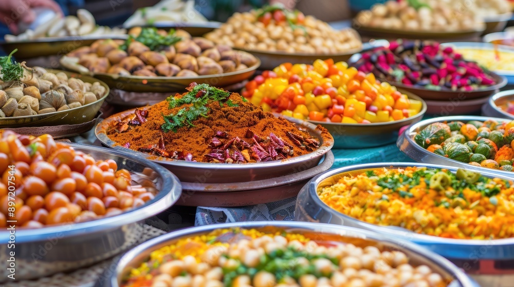 Moroccan street food market with an array of colorful spices and dishes. Moroccan street food market with an array of colorful spices and dishes.