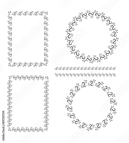 Set of abstractand floral decorative elements: frames and lines. Black line stylish design with dots. Square and round frames.