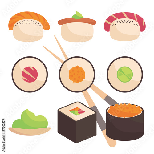 shusi food set, Japanese seafood cuisine illustration