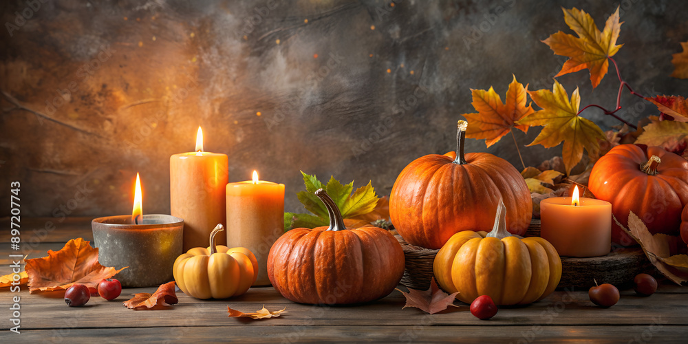 Autumn Pumpkins and Candles on Dark Background. Side view. Autumn Pumpkins and Candles on Dark Background. Side view.