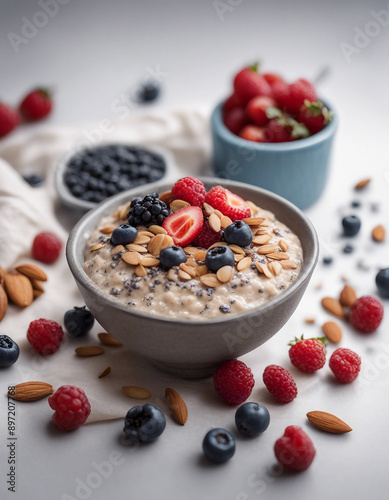 A bowl of overnight oats topped with fresh berries, chia seeds, and almond butter on a white background 