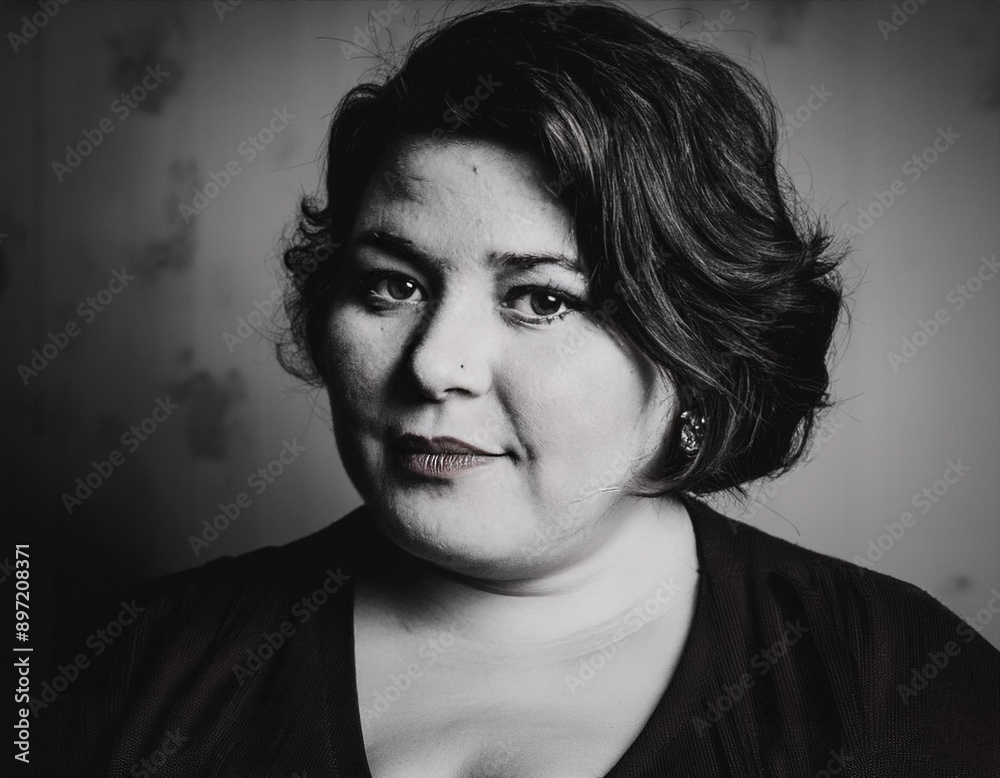 Obraz premium Elegant Film Noir Headshot of a Woman: Timeless Vintage Portrait with Dramatic Lighting and Shadows
