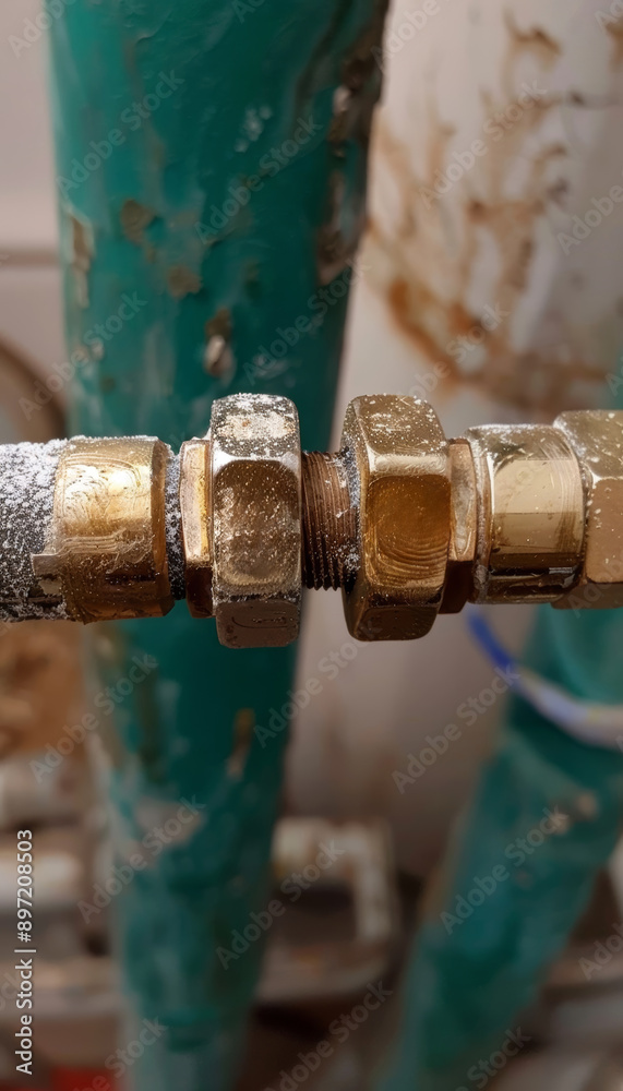 Close-up of rusty pipe connections with brass fittings, showcasing wear and tear in plumbing systems. Close-up of rusty pipe connections with brass fittings, showcasing wear and tear in plumbing systems.