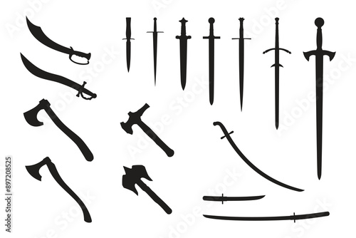 A set of silhouettes of swords, axes, sabers, knives and katanas isolated on a white background.