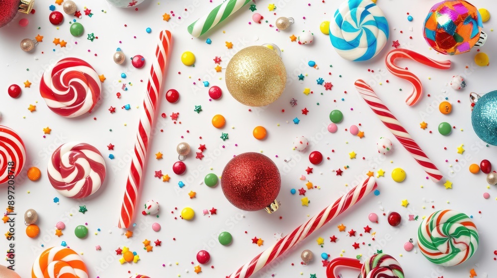 Preparing for Holiday Celebration with Decorations and Candies on White Background Preparing for Holiday Celebration with Decorations and Candies on White Background