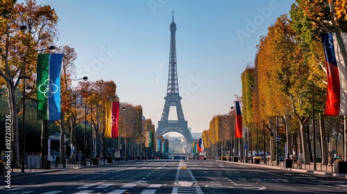 Fototapeta Naklejka Na Ścianę i Meble -  Paris 2024 Olympics banners along a street with the Eiffel Tower in the background.