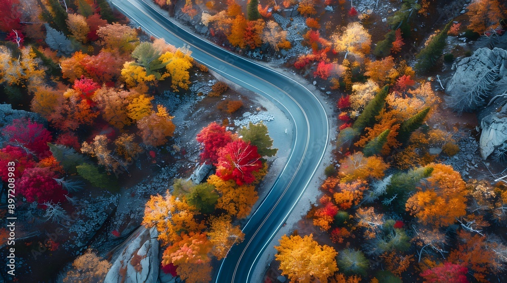 Aerial View of a Winding Road Through Autumn Forest. Aerial View of a Winding Road Through Autumn Forest.