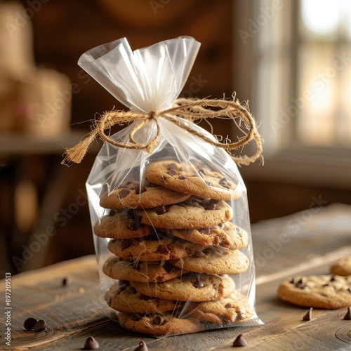 A clear plastic bag with vertically stacked chocolate chip cookies tied at top of bag with jute bow, on table 