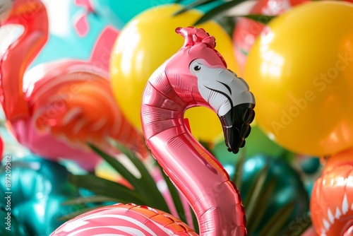 A pink flamingo balloon sits perched on top of a table, creating a whimsical and playful scene, Flamingo shaped balloons for a tropical birthday party, AI Generated photo