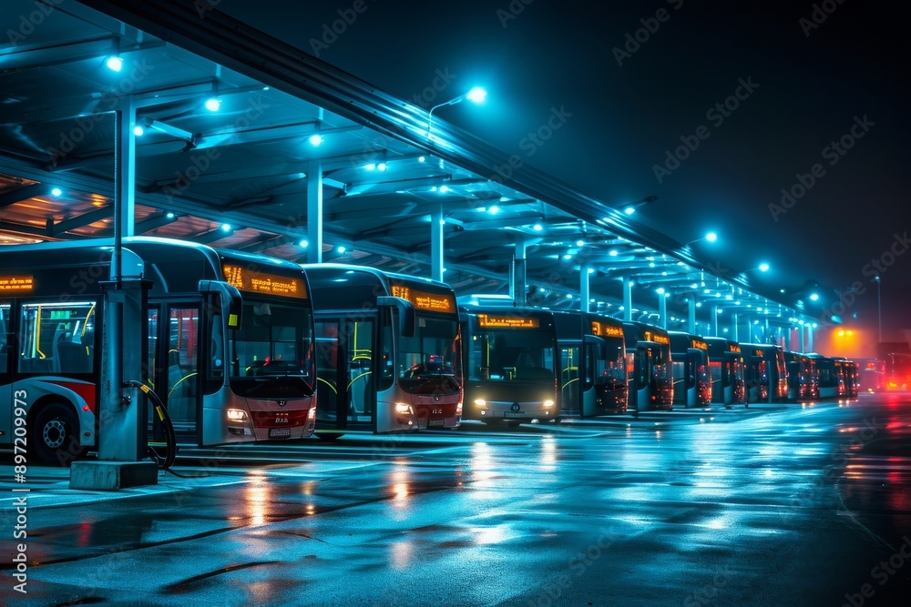 Fototapeta premium A line of buses parked closely together in a designated area, creating an organized and efficient transportation hub, Fleet of electric buses charging at night in a depot, AI Generated