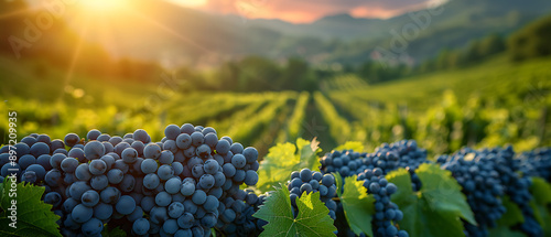 Beautiful vineyard landscape at sunset with ripe grape clusters and rolling green hills, perfect for wine production and agriculture imagery. photo