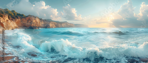 Breathtaking coastal landscape at sunrise with waves crashing on a sandy shore, surrounded by cliffs and a tranquil sea. photo