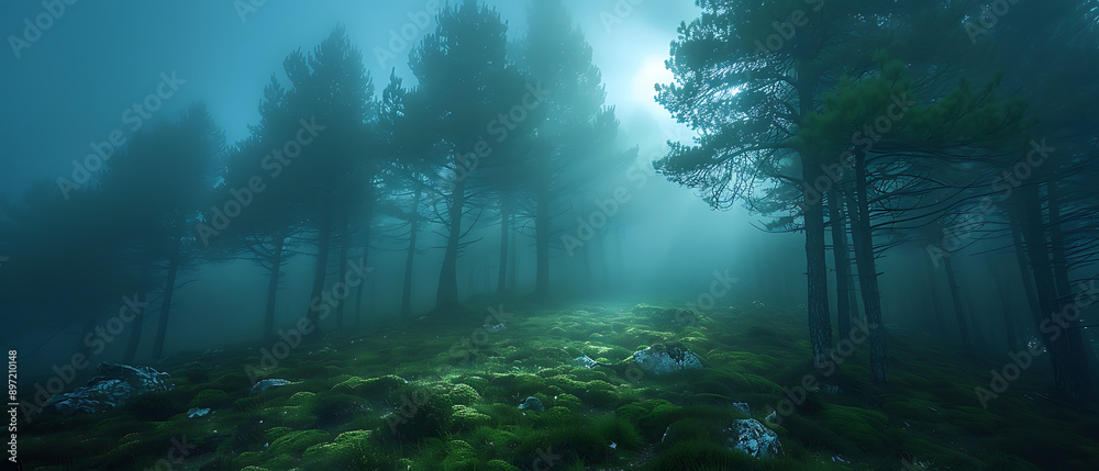 Obraz premium Enchanting misty forest with sunlight breaking through trees, creating an atmospheric and tranquil landscape filled with moss and greenery.