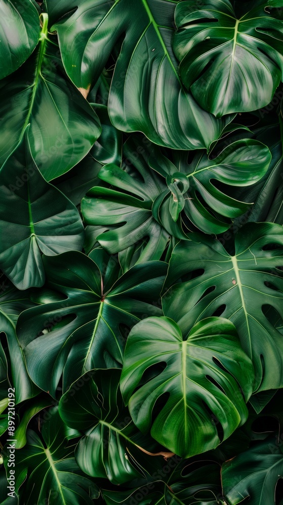 Large, deep green monstera leaves fill the frame, creating a lush and tropical feel Large, deep green monstera leaves fill the frame, creating a lush and tropical feel