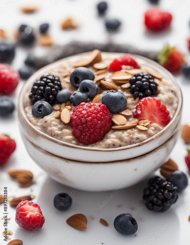 A bowl of overnight oats topped with fresh berries, chia seeds, and almond butter on a white background
A bowl of overnight oats topped with fresh berries, chia seeds, and almond butter on a white background