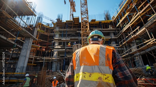 Construction site with cranes and workers