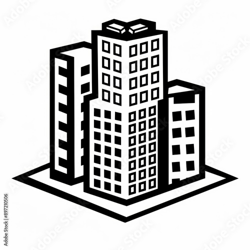 Black and white logo design icon of a corporate office in a cityscape, set against a white background, illustrating a modern business environment.