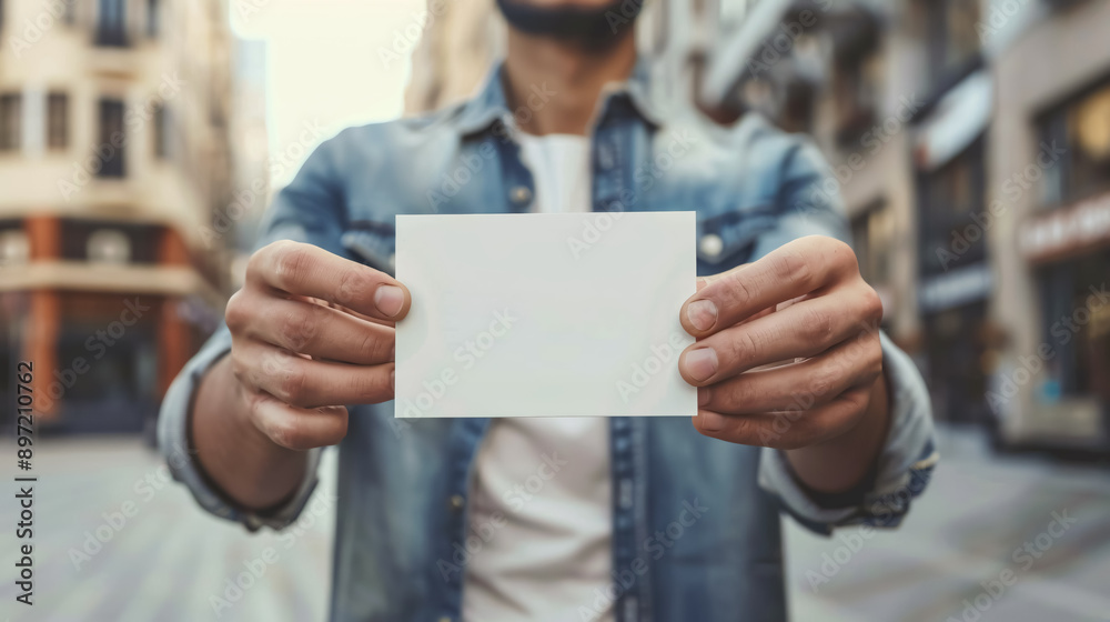 Man Showing Blank White Business Card: Wearing a casual shirt, presenting a blank white business card. Background intentionally blurred, ready for private information. Man Showing Blank White Business Card: Wearing a casual shirt, presenting a blank white business card. Background intentionally blurred, ready for private information.