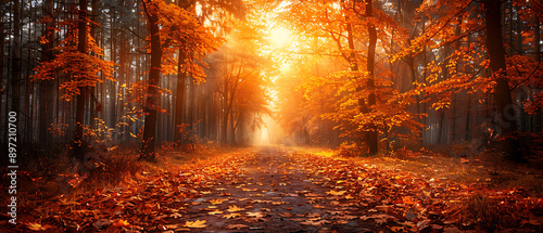 Scenic autumn forest with golden leaves, a sunlit pathway, and a tranquil atmosphere capturing the essence of fall season beauty.