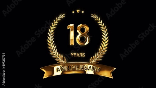 18th Anniversary Celebration. Happy 18 Years Anniversary Animation in Gold Color on the Transparent Background, Alpha Channel. Great for greetings, celebrations, events, and gifts.