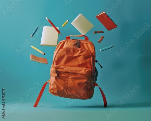 backpack with school supplies on blue background. Education concept. Back to school. school supplies floating in the air