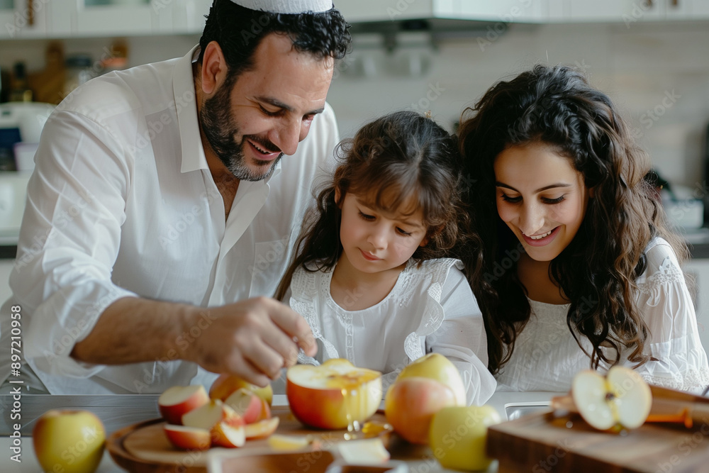 Jewish family celebrating Rosh Hashanah. Parents and daughter sitting at the table together, dipping apple slices in honey, representing the Jewish New Year traditions