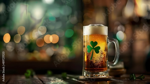 Beer served in a stein glass, engraved with a green shamrock, representing the festive spirit of Saint Patrick's Day. photo