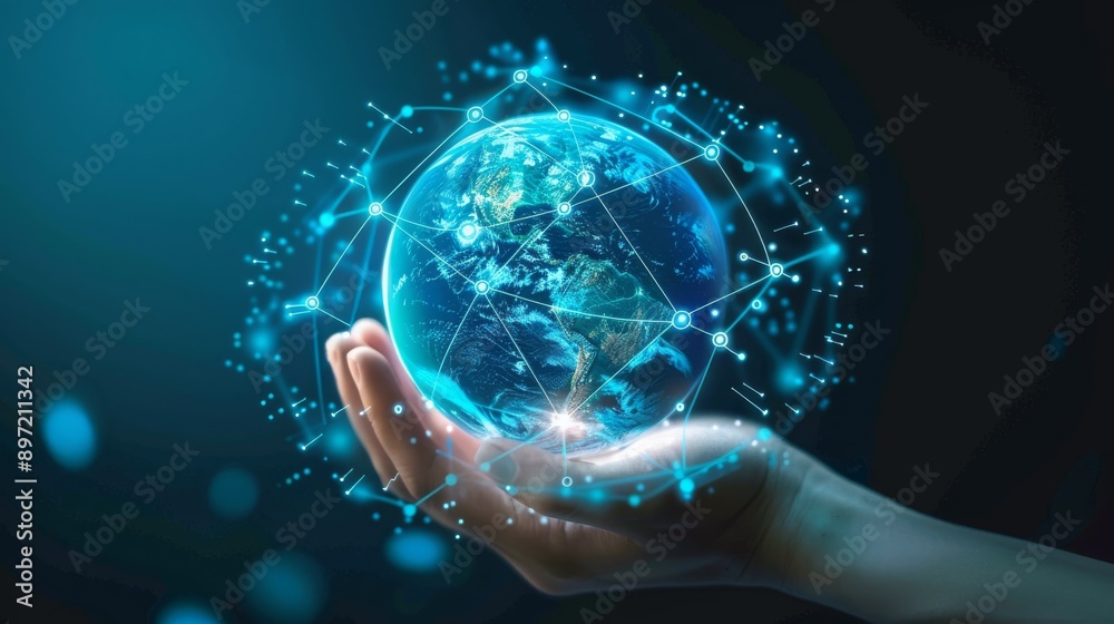 Hand holding a digital glowing globe with interconnected lines and nodes representing global connectivity. Hand holding a digital glowing globe with interconnected lines and nodes representing global connectivity.