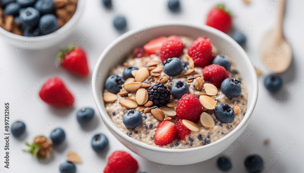 A bowl of overnight oats topped with fresh berries, chia seeds, and almond butter on a white background
A bowl of overnight oats topped with fresh berries, chia seeds, and almond butter on a white background