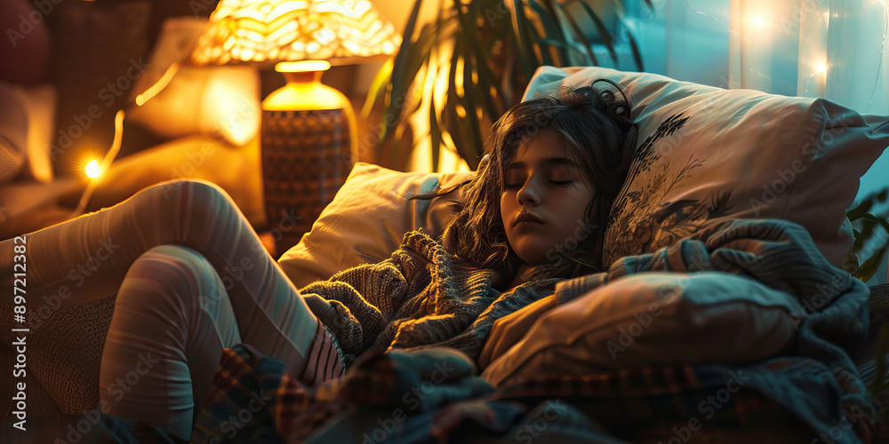 Chill Vibe: A teenage girl lounging on a comfortable chair, surrounded by soft lighting and cozy blankets