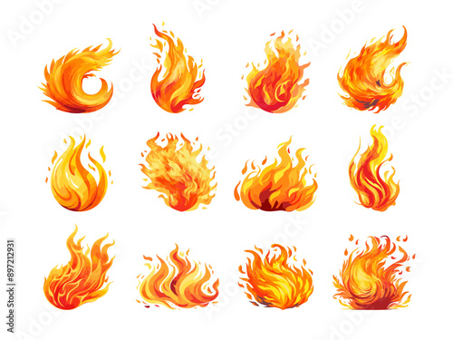 set fire flame vector in cartoon style elements on white background