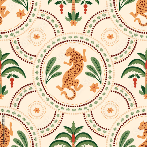 Summer ceramic tile pattern with tropical palm tree, leopard animal, checkered round shapers. Cute vector jungle print, funny beach background, damask ornament, geometric textile design, mosaic safari
