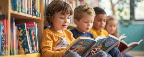 Children reading books in a cozy library corner photo